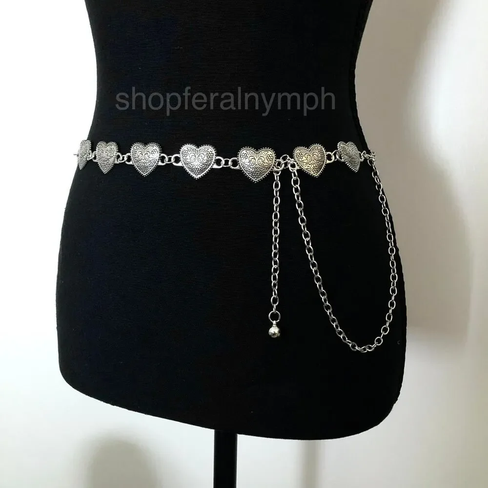Vintage Y2K Ornate Silver Heart Chain Belt, Fits 13.5–44.5 Inches, X7GA1223